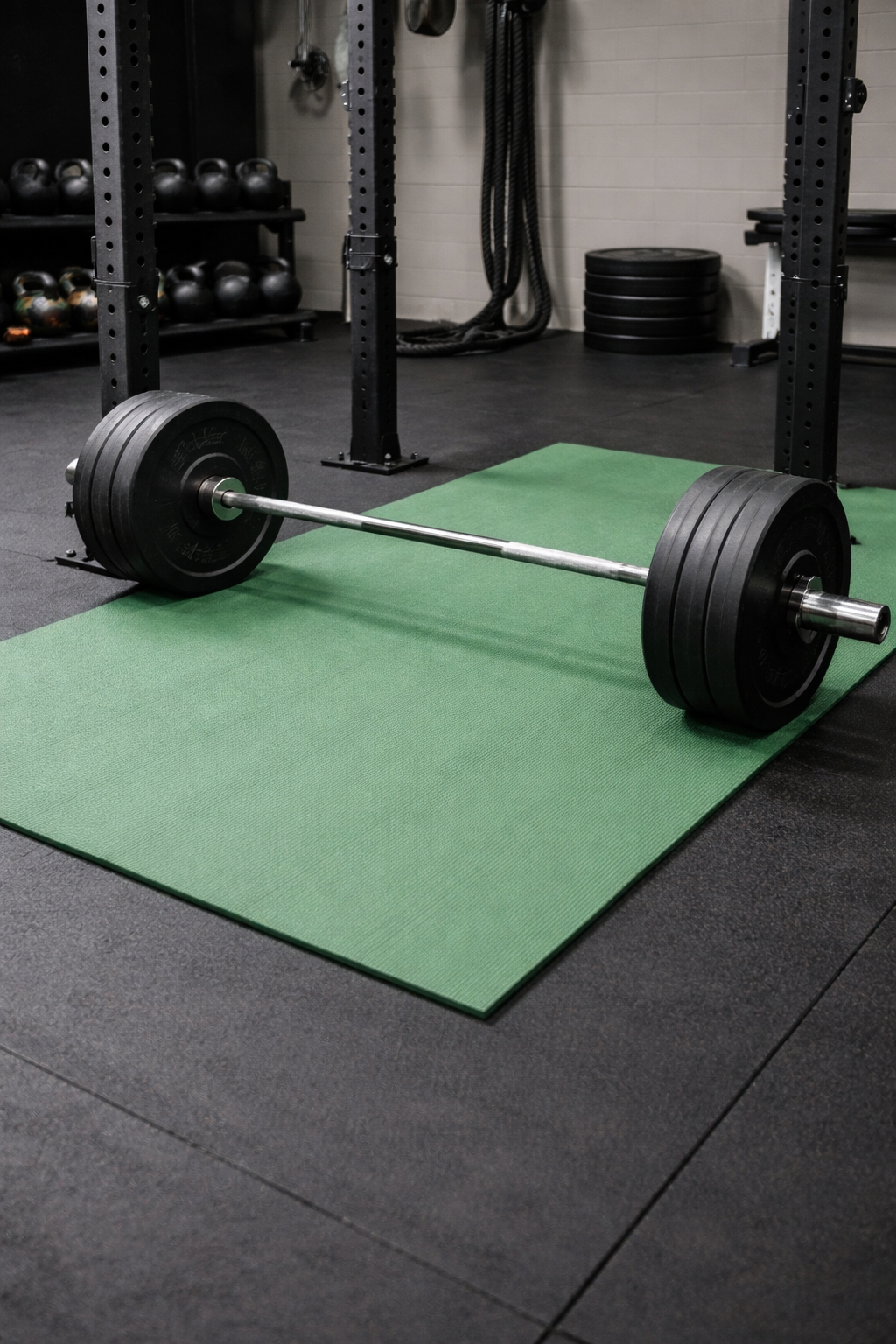deadlift bar on a green yoga mat in the gym