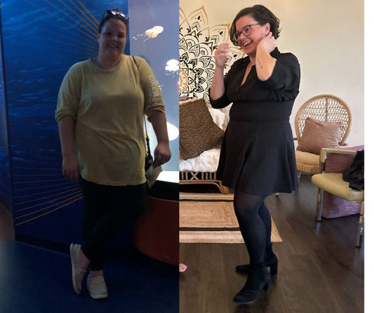 A before and after photo of the author, shes lost 70 pounds and is clearly happier in the photo. 